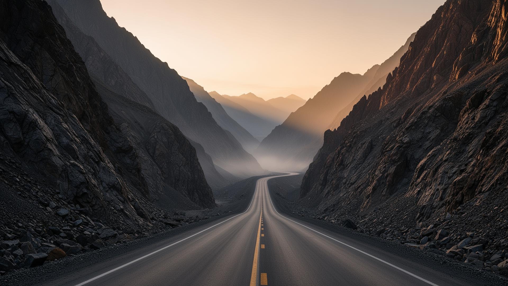 Mining access road through a mountain pass at dawn